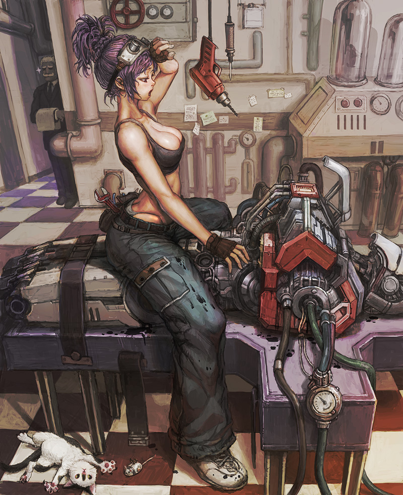 1boy 1girl bare_shoulders belt breasts butler cargo_pants cat cleavage drill facial_hair fingerless_gloves gloves goggles large_breasts loped mechanic mouse_(animal) mustache original panties pants ponytail power_drill power_tool purple_hair robot shoes slice_of_life sparkle straddling tank_top thong underwear white_hair wide_hips wrench
