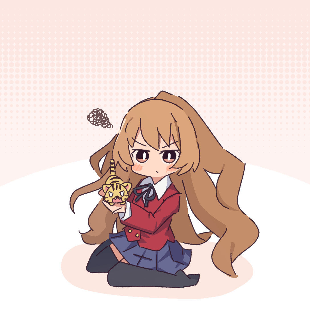 1girl aisaka_taiga black_ribbon black_thighhighs blazer blue_skirt blush_stickers brown_hair buttons chibi collared_shirt commentary double-breasted halftone halftone_background jacket long_hair long_sleeves looking_at_viewer neck_ribbon oohashi_high_school_uniform palmtop_tiger pleated_skirt potato7192 red_jacket ribbon school_uniform shirt sitting skirt squiggle thighhighs toradora! two-tone_background very_long_hair wariza white_background white_shirt