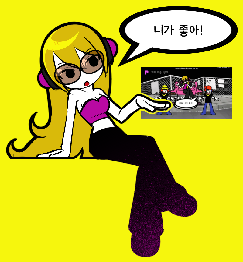 1girl bandicam black_pants black_shoes blonde_hair breasts cleavage collarbone colored_skin crop_top crossed_legs game_screenshot_inset glasses hand_up headphones jjjjtaaaku korean_text love_posse_(rhythm_tengoku) medium_breasts midriff minna_no_rhythm_tengoku open_mouth orange-tinted_eyewear pants pink_shirt rhythm_tengoku shirt shoes simple_background sitting so&#039;ra solo speech_bubble tinted_eyewear translation_request white_skin yellow_background