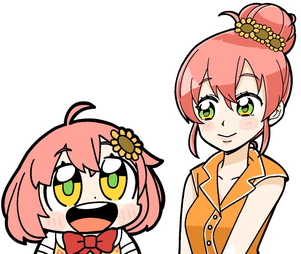 2girls :d ahoge bkub blush bow bowtie breasts cherry_print chibi clone closed_mouth collarbone crossed_bangs dot_nose double-parted_bangs flower food_print fruit_print green_eyes green_pupils hair_between_eyes hair_bun hair_flower hair_ornament honma_himawari honma_himawari_(6th_costume) looking_at_another medium_breasts multicolored_eyes multiple_girls nijisanji open_mouth pink_hair red_bow red_bowtie round_teeth short_hair short_sleeves simple_background single_hair_bun sleeveless smile sunflower sunflower_hair_ornament teeth two-tone_eyes upper_teeth_only virtual_youtuber white_background yellow_eyes yellow_flower