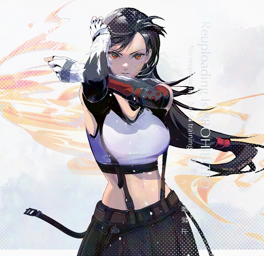 1girl arms_up black_gloves black_hair black_skirt breasts cofffee crop_top crossed_arms final_fantasy final_fantasy_vii final_fantasy_vii_remake fingerless_gloves floating_hair gloves large_breasts long_hair looking_at_viewer low-tied_long_hair midriff red_eyes skirt solo suspender_skirt suspenders tank_top tifa_lockhart very_long_hair white_tank_top