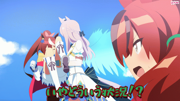 3girls :d animal_ears animated animated_gif aqua_gloves ascot asymmetrical_gloves bare_shoulders belt black_ascot bloom blue_belt blue_eyes blue_gloves blue_skirt blush boots braid brown_eyes brown_hair buttons carrying closed_mouth clothing_cutout collared_jacket commentary_request crossed_arms ear_covers elbow_gloves epaulettes eyes_visible_through_hair falling floating_hair frilled_gloves frilled_sleeves frills from_above full_body gloves hair_between_eyes hair_ribbon hand_up hat horse_ears horse_girl horse_tail jacket knee_boots light_smile long_hair long_sleeves looking_at_viewer looking_up mejiro_mcqueen_(end_of_the_skies)_(umamusume) mejiro_mcqueen_(umamusume) midair mini_hat mini_top_hat mismatched_gloves multicolored_hair multiple_girls nice_nature_(umamusume) official_alternate_costume open_clothes open_mouth open_vest outdoors outline overskirt pants pink_ascot pink_ribbon pleated_skirt ponytail princess_carry purple_eyes purple_hair rainbow red_hair red_jacket red_pants ribbon ryuu_(ryuraconis) shirt shoes short_sleeves shorts shoulder_cutout sidelocks single_epaulette skirt smile split_mouth streaked_hair swept_bangs tail tokai_teio_(umamusume) top_hat tracen_training_uniform track_jacket track_pants umamusume v very_long_hair vest w white_footwear white_gloves white_hair white_hat white_jacket white_outline white_shirt white_shorts white_skirt white_vest wings yellow_skirt