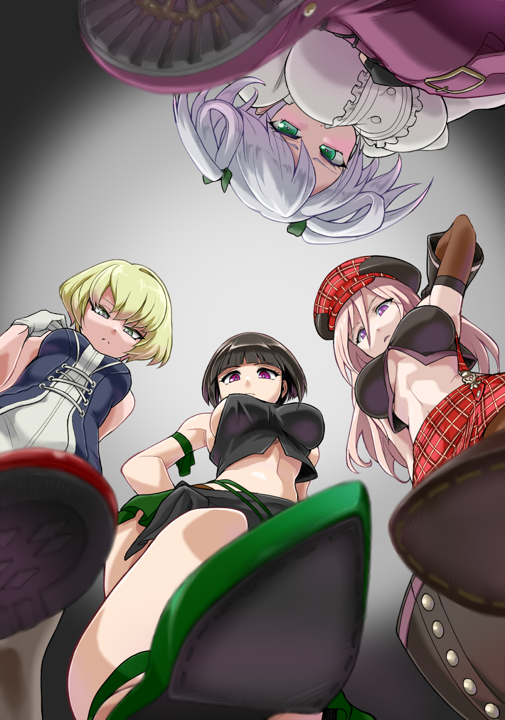 4girls alisa_ilinichina_amiella arm_strap arm_up bare_shoulders black_footwear black_gloves black_hair black_shirt black_skirt black_vest blonde_hair blue_eyes blunt_bangs bob_cut boots breasts cabbie_hat center_frills ciel_alencon closed_mouth commentary_request commission crop_top cropped_vest dress elbow_gloves feet foot_focus fran_francois_francesca_de_bourgogne frills from_below gloves god_eater god_eater_2:_rage_burst god_eater_burst green_eyes grey_hair hair_between_eyes hair_ribbon hand_on_own_hip hand_up hat high_heels highres large_breasts long_hair long_skirt looking_at_viewer medium_breasts multiple_girls navel pantyhose parted_lips plaid_clothes plaid_headwear plaid_skirt pov purple_footwear red_footwear red_headwear red_skirt ribbon shirt shoes short_hair short_twintails sideboob sidelocks single_elbow_glove skeb_commission skirt sleeveless sleeveless_shirt standing standing_on_one_leg stepped_on stomach suikabo suspender_skirt suspenders suspenders_slip tachibana_sakuya_(god_eater) thigh_boots tight_clothes tight_dress time_paradox twintails underboob vest white_dress white_gloves white_hair white_shirt