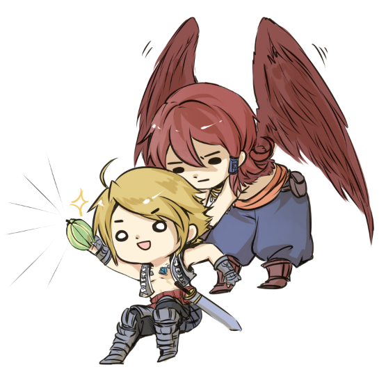 00s 2boys aegyl blonde_hair carrying catbone final_fantasy final_fantasy_xii final_fantasy_xii_revenant_wings flying gloves jewelry llyud multiple_boys red_hair sword vaan_(ff12) weapon wings