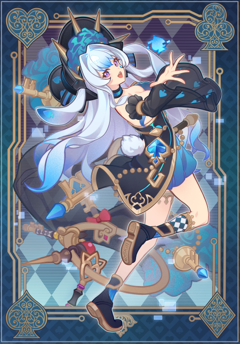 1girl animal_ears aqua_hair black_hat blue_choker blue_dress boots breasts charm_(object) checkered_background checkered_clothes checkered_legwear choker circlekos cleavage club_(shape) detached_sleeves diamond_(shape) dress duel_monster hair_intakes hat heart key large_breasts maliss_&lt;p&gt;_march_hare open_mouth pink_eyes rabbit_ears rabbit_girl rabbit_tail smile solo spade_(shape) tail yu-gi-oh!