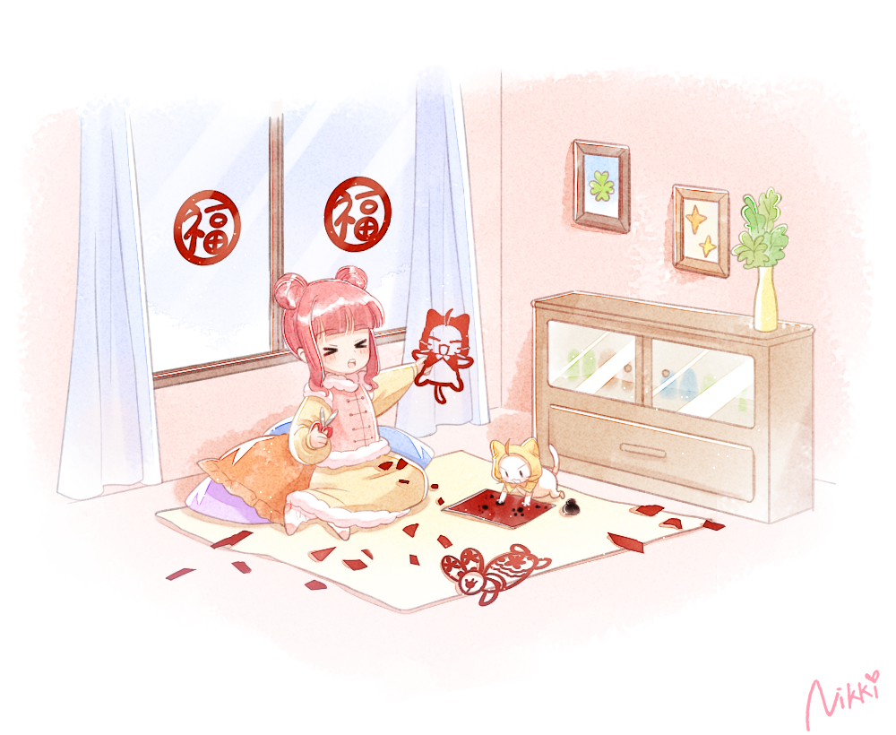 &gt;_&lt; 1girl all_fours animal artist_request black_eyes blue_sky blunt_bangs blush_stickers border bow bowtie capelet carpet cat chinese_clothes chinese_commentary chinese_new_year clothed_animal clover commentary_request copyright_name curtains day deformed dot_nose double_bun drawer dress ear_covers four-leaf_clover full_body fur-trimmed_dress fur-trimmed_sleeves fur-trimmed_vest fur_trim hair_bun holding holding_scissors hood hood_up hooded_capelet indoors living_room long_dress long_sleeves momo_(nikki) nikki_(nikki) nikki_(series) official_art on_pillow open_mouth orange_bow orange_bowtie outstretched_arm painting_(object) paper_cutout paw_print pink_hair pink_vest plant potted_plant scissors second-party_source shadow shining_nikki short_hair sitting sky smile solid_oval_eyes sparkle teeth traditional_bowtie updo upper_teeth_only vest wavy_hair whiskers white_border white_cat window yellow_capelet yellow_dress yokozuwari
