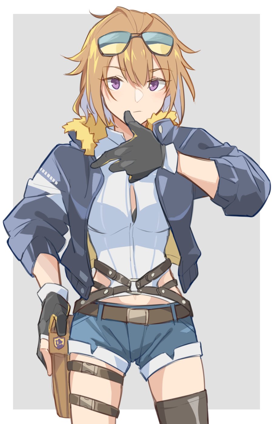 1girl aviator_sunglasses black_bra blonde_hair border bra bra_peek breasts denim denim_shorts eyewear_on_head girls&#039;_frontline grey_background grizzly_mkv_(girls&#039;_frontline) hair_between_eyes highres holster jacket jacket_on_shoulders medium_breasts midriff_peek navel outside_border purple_eyes short-haired_girl_(osomatsu-san) shorts single_thighhigh solo sunglasses thigh_holster thighhighs underwear white_border xinhao