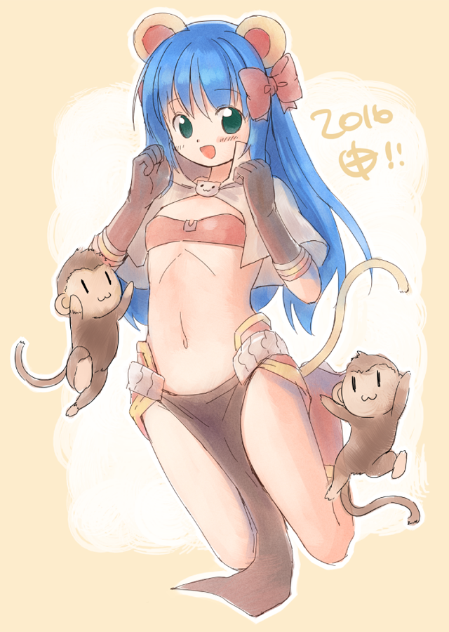 1girl 2016 :3 animal_ears bikini bikini_top_only blue_hair blush boots bow brown_bikini brown_capelet brown_gloves capelet cat_brooch chinese_zodiac commentary_request emurin flat_chest full_body gloves green_eyes hair_bow jumping long_hair looking_at_viewer mage_(ragnarok_online) majiko_(emurin) midriff monkey monkey_ears navel open_mouth pelvic_curtain ragnarok_online red_bow red_footwear red_skirt showgirl_skirt skirt smile swimsuit year_of_the_monkey yoyo_(ragnarok_online)
