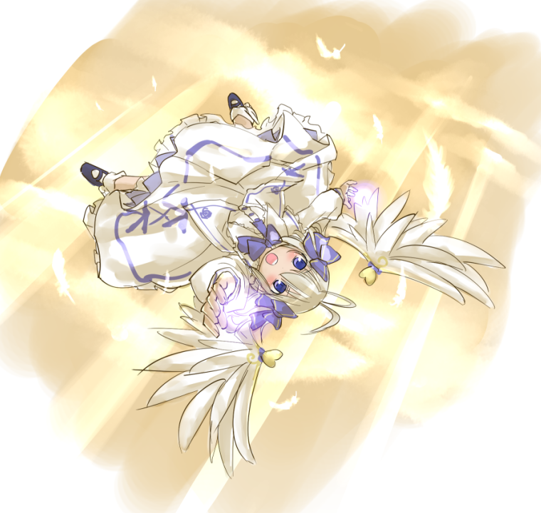 1girl angel_feather_alma angel_wings antenna_hair blue_eyes character_request dress emil_chronicle_online feathers female_focus gradient_background kasuga_yukihito mary_janes open_mouth outstretched_arm shoes silver_hair smile socks solo upside-down wings