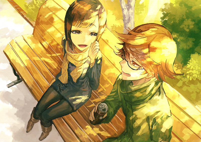 10s 1boy 1girl 369minmin bad_id bad_pixiv_id black_pantyhose brown_hair can coat glasses nishino_kimi nishio_nishiki pantyhose scarf tokyo_ghoul