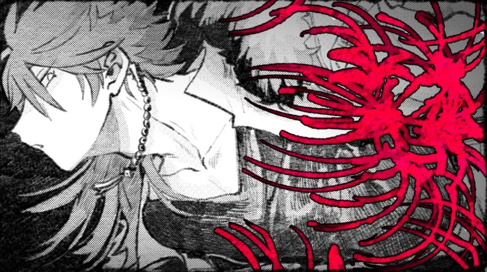 1boy :o adam&#039;s_apple arisugawa_dice asymmetrical_hair black_background coat collarbone dice_hair_ornament fur-trimmed_coat fur_trim hair_between_eyes hair_ornament hatching_(texture) hood hood_down hypnosis_mic long_hair looking_at_viewer male_focus off_shoulder parted_lips pectoral_cleavage pectorals profile screentones shaded_face solo spot_color uchi_fxxk upper_body v-neck