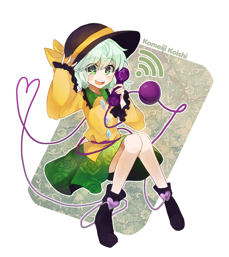 1girl black_boots black_hat boots buttons character_name collared_shirt commentary_request diamond_button eyes_visible_through_hair flat_chest floral_print frilled_shirt_collar frilled_sleeves frills full_body green_eyes green_hair green_skirt hat heart heart-shaped_pupils heart_of_string holding holding_phone invisible_chair komeiji_koishi nt_26 outline phone rose_print shirt short_hair sitting skirt sleeves_past_wrists solo symbol-shaped_pupils touhou white_outline wi-fi_symbol yellow_shirt