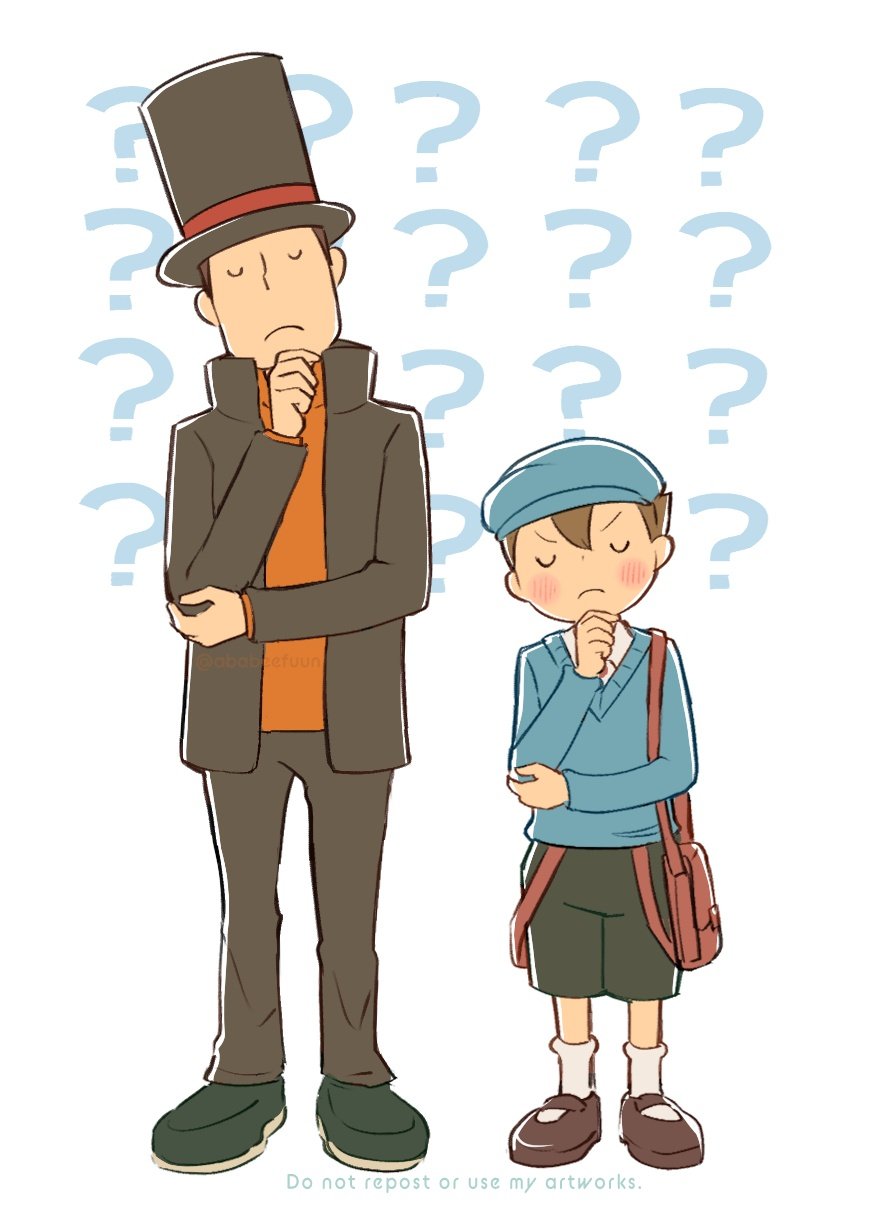 2boys ? abarenbou_bifun bag black_hairband black_jacket black_pants blue_headwear blue_sweater blush brown_bag brown_footwear brown_hair newsboy_cap closed_eyes closed_mouth collared_shirt frown full_body green_footwear grey_shorts hairband hand_on_own_chin hand_up hat hershel_layton high_collar highres jacket long_sleeves luke_triton male_focus multiple_boys open_clothes open_jacket orange_sweater pants professor_layton shirt shoes short_hair shorts shoulder_bag socks standing sweater thinking top_hat v-shaped_eyebrows white_background white_shirt white_socks