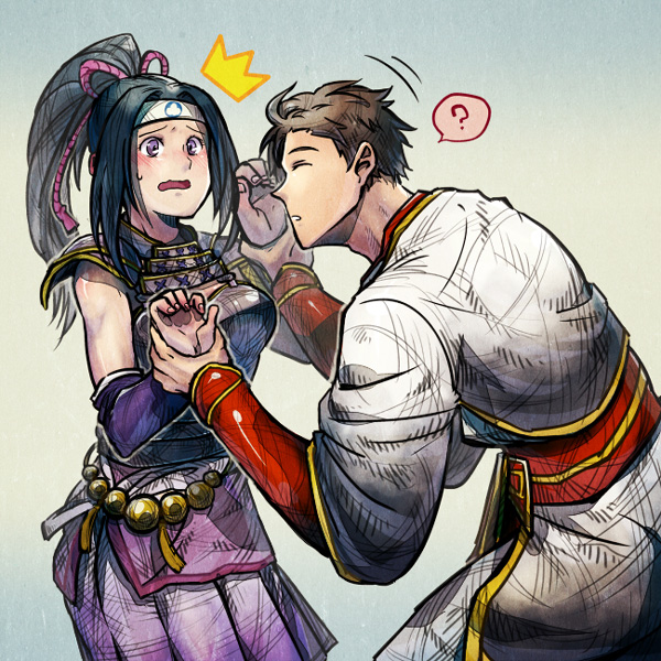 armor black_hair blush brown_hair closed_eyes headband holding_another&#039;s_wrist husband_and_wife imo_su_p inahime japanese_clothes kimono miniskirt obi parted_bangs ponytail purple_eyes sanada_nobuyuki sanada_yukimura_(sengoku_musou) sash sengoku_musou skirt wavy_mouth