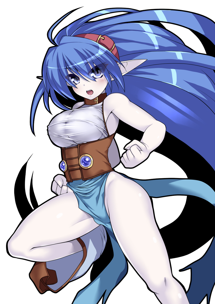00s blue_eyes blue_hair breasts celsius_(tales) fighting_stance highres ice large_breasts pale_skin pointy_ears rei_shabu sash tales_of_(series) tales_of_eternia
