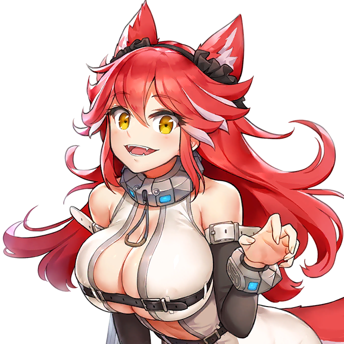 1girl animal_ear_fluff animal_ears arm_warmers bare_shoulders belt belt_bra black_belt bodysuit bracelet breasts claw_pose cleavage collar covered_erect_nipples extra_ears eyebrows_hidden_by_hair eyelashes fangs female_focus fenrir_(last_origin) game_cg grey_hair hair_between_eyes headdress heart heart-shaped_pupils jewelry kakiman large_breasts last_origin leaning_forward long_hair looking_at_viewer multicolored_hair official_art open_mouth red_hair red_tail skindentation sleeveless smile symbol-shaped_pupils tail teeth transparent_background two-tone_hair upper_body wolf_ears wolf_girl wolf_tail yellow_eyes