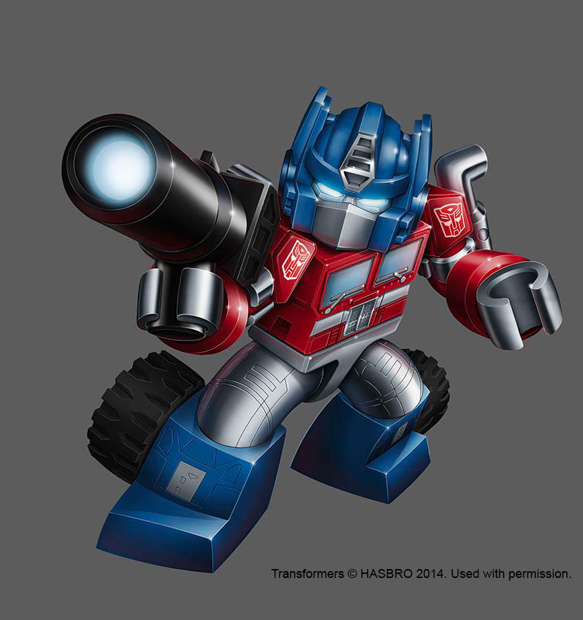 autobot blue_eyes commentary english_commentary glowing glowing_eyes grey_background gun holding holding_gun holding_weapon kre-o lego_minifig marcelo_matere mecha no_humans official_art optimus_prime robot solo transformers weapon