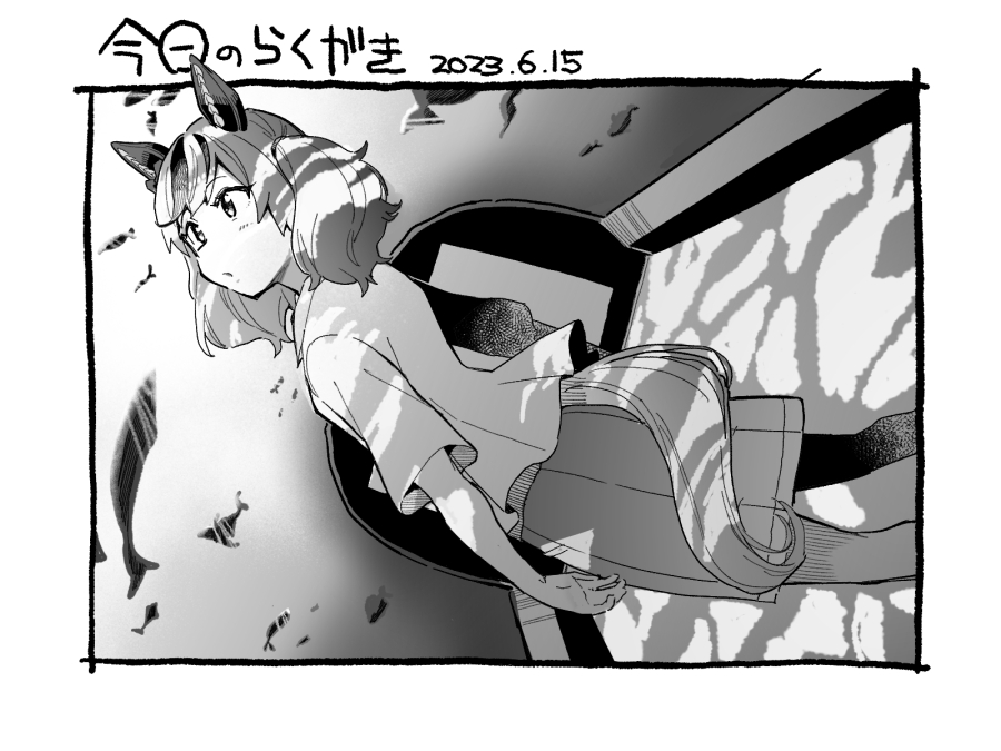 1girl :o animal_ears aquarium border casual dated ear_covers feet_out_of_frame fish greyscale horse_ears indoors leaning_back looking_up monochrome nice_nature_(umamusume) okachi outside_border shirt short_hair short_sleeves short_twintails sideways skirt solo standing twintails umamusume