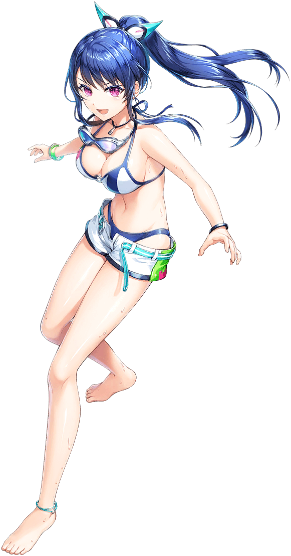 1girl artist_request bare_arms bare_shoulders barefoot blue_hair bracelet breasts cleavage full_body game_cg goggles goggles_around_neck jewelry makia_croft navel necklace official_alternate_costume official_art pink_eyes ponytail short_shorts shorts sideboob solo source_request swim_goggles swimsuit transparent_background unitia