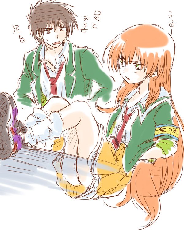 1boy 1girl akai_homura brown_hair commentary_request hands_in_pockets legs_up long_hair open_mouth orange_hair school_uniform skirt sweat tokimeki_memorial tokimeki_memorial_2 translation_request unya