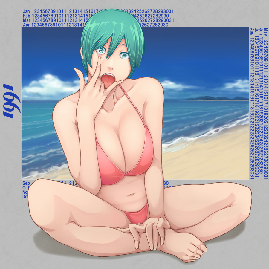 1girl akanbe aqua_eyes aqua_hair aratama_(a-tama) beach blue_eyes breasts cleavage eyelid_pull female_focus large_breasts linda_(linda_cube) linda_cube navel ocean short_hair sitting solo swimsuit tongue tongue_out very_short_hair