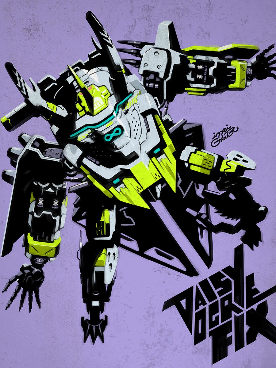 character_name cradle_coffin daisy_ogre daisy_ogre_fix energy_claws full_body gun gyoubu_ippei high_contrast highres infinity_symbol joints mecha no_humans rifle robot robot_joints signature synduality synduality_noir walker_(robot) weapon