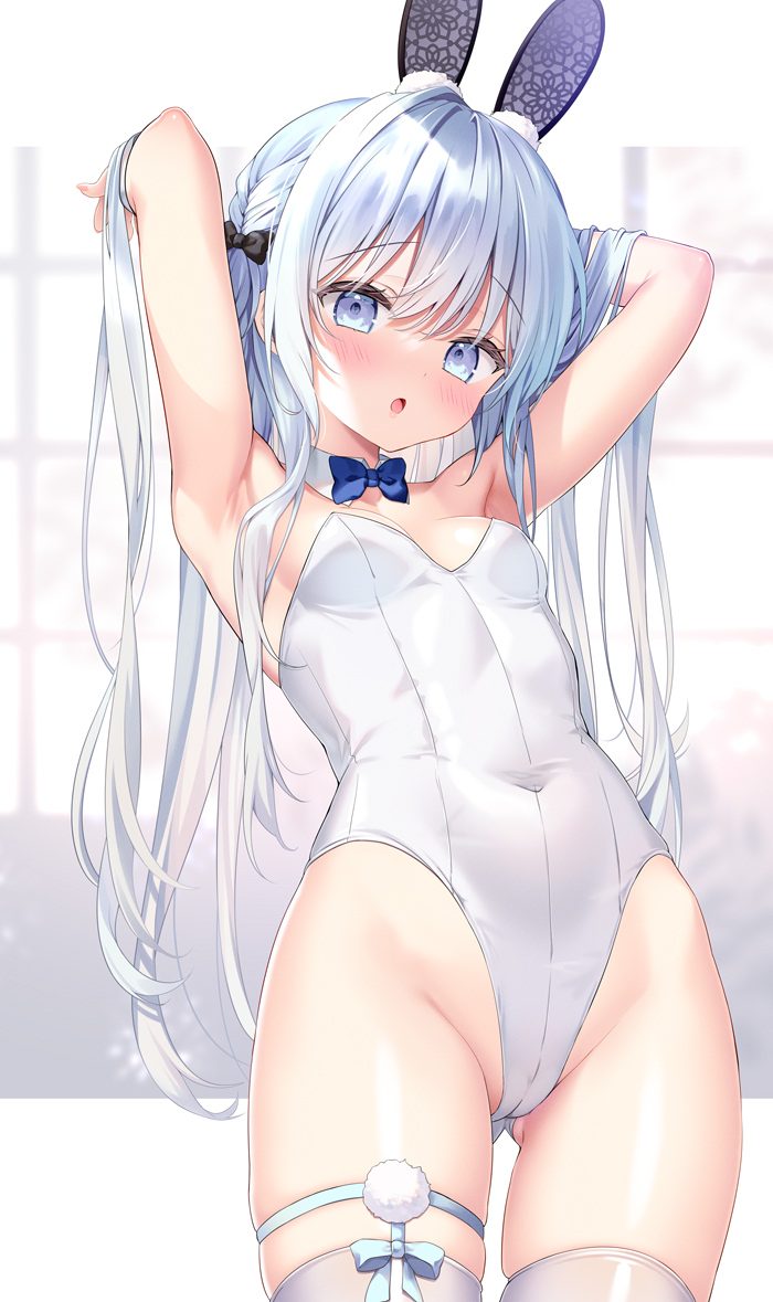1girl animal_ears armpits blue_eyes bow bowtie breasts commentary kino_(kino_konomi) leotard long_hair original playboy_bunny rabbit_ears small_breasts solo strapless strapless_leotard thighhighs white_thighhighs