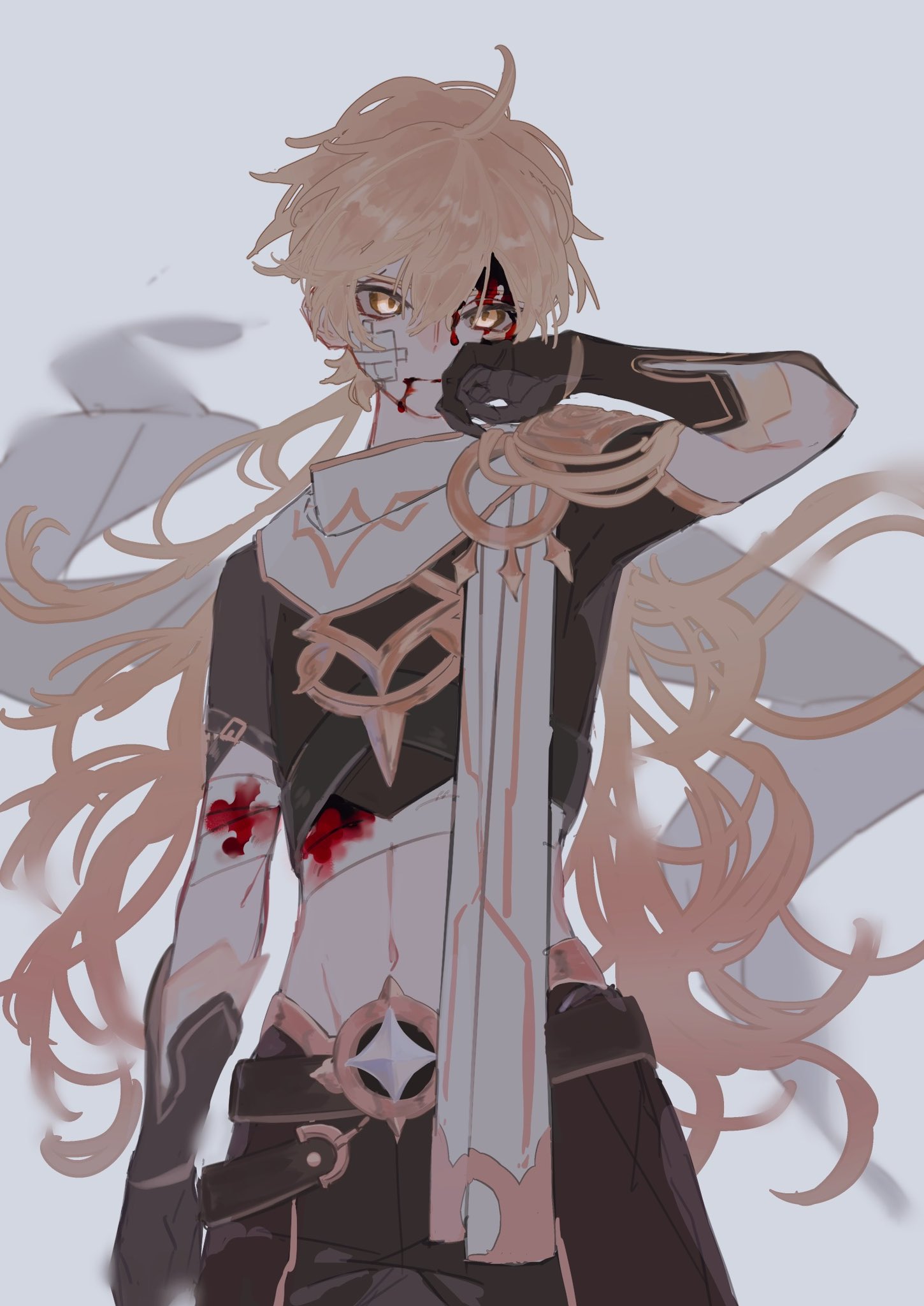 1boy aether_(genshin_impact) ahoge alternate_hairstyle bandaged_arm bandages bandaid bandaid_on_face black_gloves black_pants blonde_hair blood blood_on_clothes blood_on_face crop_top earrings genshin_impact gloves grey_background hair_between_eyes hair_down highres holding injury jewelry long_hair looking_at_viewer male_focus midriff navel pants scarf shirt short_sleeves simple_background single_earring solo very_long_hair whale_52hz_o white_scarf yellow_eyes