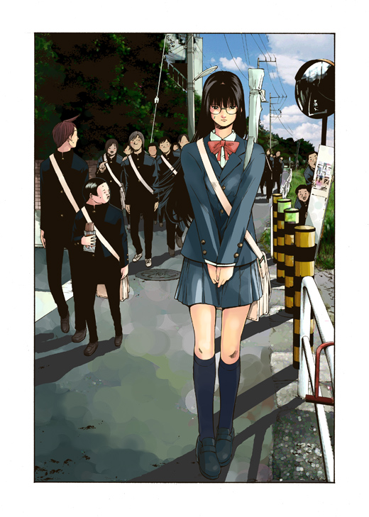 1girl 6+boys aburami_minoru akabane_taiyo bag blue_sky blunt_bangs chou-mukiryoku_sentai_japafive crowd day glass glasses handbag japafive long_sleeves looking_at_viewer multiple_boys outdoors own_hands_together pleated_skirt railroad_tracks road sato_masaki_(masayakofu) school_bag school_uniform serafuku skirt sky solo_focus standing street traffic_mirror tsukino_shitsuku