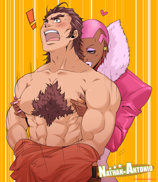 2boys abs antonio_lopez bara blush body_hair kuroko male_focus multiple_boys muscular nathan_seymour nipples pectorals sweat tiger_&amp;_bunny undressing wince yaoi