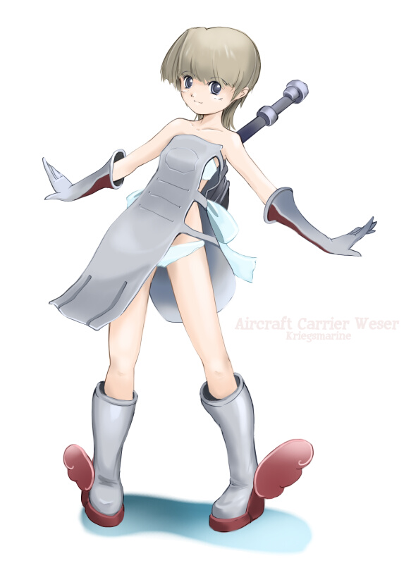 1girl aircraft_carrier apron blue_eyes brown_hair elbow_gloves female_focus full_body gloves kriegsmarine mecha_musume military military_vehicle nano_(nanosize) original outstretched_arms panties personification ship shoes short_hair simple_background solo underwear warship watercraft weser winged_footwear wings world_war_ii