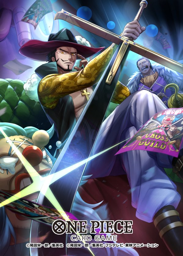 3boys ascot beard black_hair blank_eyes blue_hair boots buggy_the_clown commentary_request copyright_name crocodile_(one_piece) cross_pendant crossed_legs dracule_mihawk facial_hair flyer glint hat_feather holding holding_sword holding_weapon hook_hand looking_at_viewer makeup male_focus multiple_boys mustache official_art one_piece one_piece_card_game open_mouth orange_ascot purple_vest red_lips red_nose sajima_minato sword vest weapon yellow_eyes