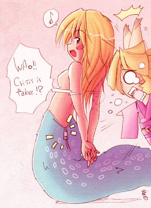 2girls animal_ears arms_behind_back blonde_hair blush costume crisis karbo kemo lamia long_hair monster_girl multiple_girls no_nipples nude open_mouth smile zipper