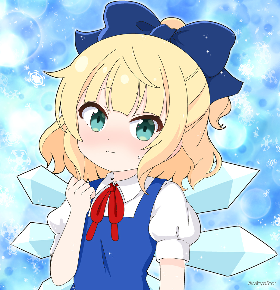 1girl blue_background blue_bow blue_dress blue_wings blush bow cirno cirno_(cosplay) closed_mouth collared_shirt commentary_request cosplay dress gochuumon_wa_usagi_desu_ka? green_eyes hair_bow hand_up ice ice_wings kirima_syaro looking_at_viewer mitya neck_ribbon ponytail puffy_short_sleeves puffy_sleeves red_ribbon ribbon shirt short_sleeves sleeveless sleeveless_dress snowflakes solo sweat touhou twitter_username wavy_mouth white_shirt wings