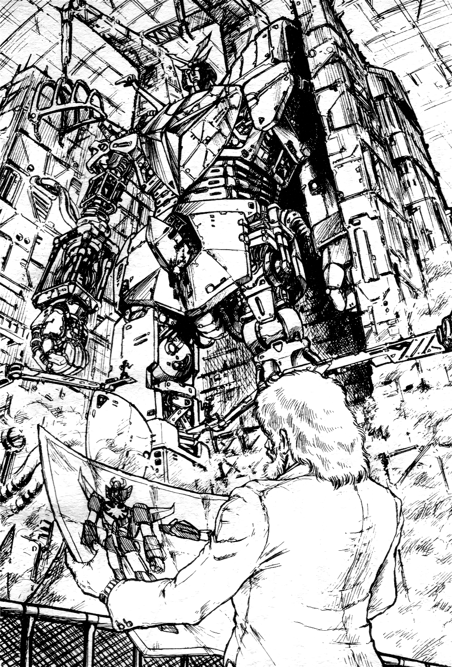 1970s_(style) 1980s_(style) 1boy beard blueprint_(object) character_request construction daitarn_3 facial_hair greyscale hangar highres ink_(medium) lab_coat machinery magazine_scan mecha monochrome muteki_koujin_daitarn_3 official_art old oldschool oohata_kouichi out_(magazine) promotional_art retro_artstyle robot scan science_fiction scientist super_robot traditional_media upper_body watch wristwatch