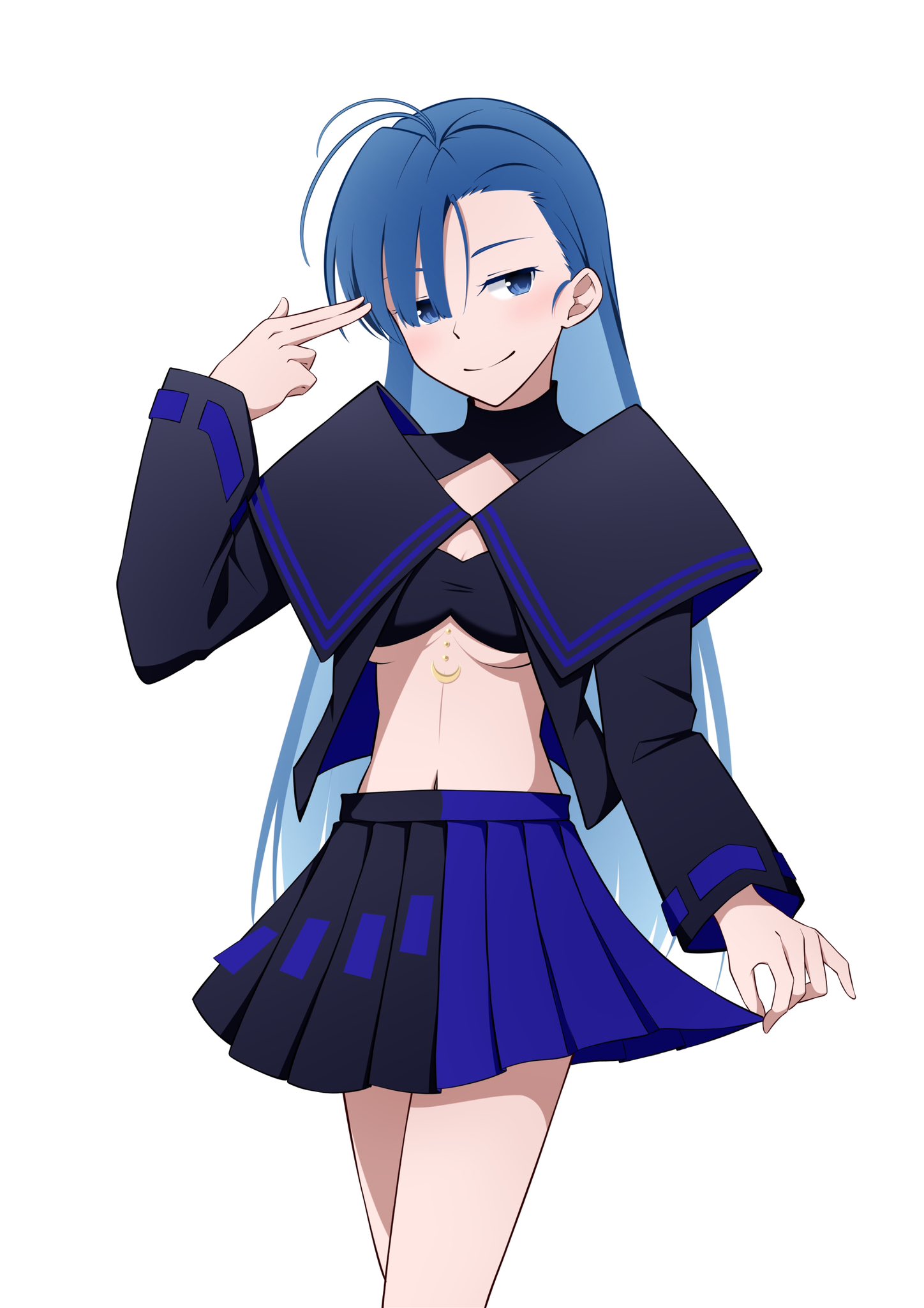 1girl ado_(utaite) ahoge black_shirt black_skirt blue_eyes blue_hair blue_skirt breasts closed_mouth commentary_request cosplay finger_gun finger_gun_to_head highres long_hair long_sleeves looking_at_viewer medium_breasts merry_(ado) naima_(ado) naima_(ado)_(cosplay) navel nori_(norinori_yrl) open_clothes open_shirt pleated_skirt readymade_(ado) shirt simple_background skirt solo stomach two-tone_skirt underboob usseewa white_background