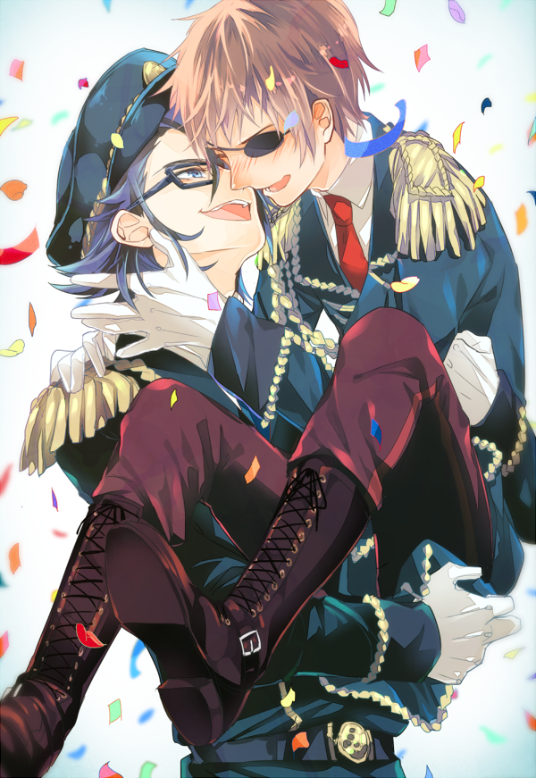 2boys aiguillette alternate_costume ankle_belt arm_around_neck arms_up belt black-framed_eyewear black_jacket black_pants blue_belt blue_eyes blue_hair boots brown_hair carrying carrying_person closed_eyes collared_shirt confetti couple epaulettes eyepatch fushimi_saruhiko glasses gloves hand_on_another&#039;s_face hat jacket k-project layered_clothes long_sleeves looking_at_another male_focus military_hat military_uniform multiple_boys necktie one_eye_covered open_mouth pants red_footwear red_necktie red_pants sakurai_(saku1460) shirt sleeve_cuffs teeth tongue upper_teeth_only white_background white_gloves white_shirt wing_collar yaoi yata_misaki
