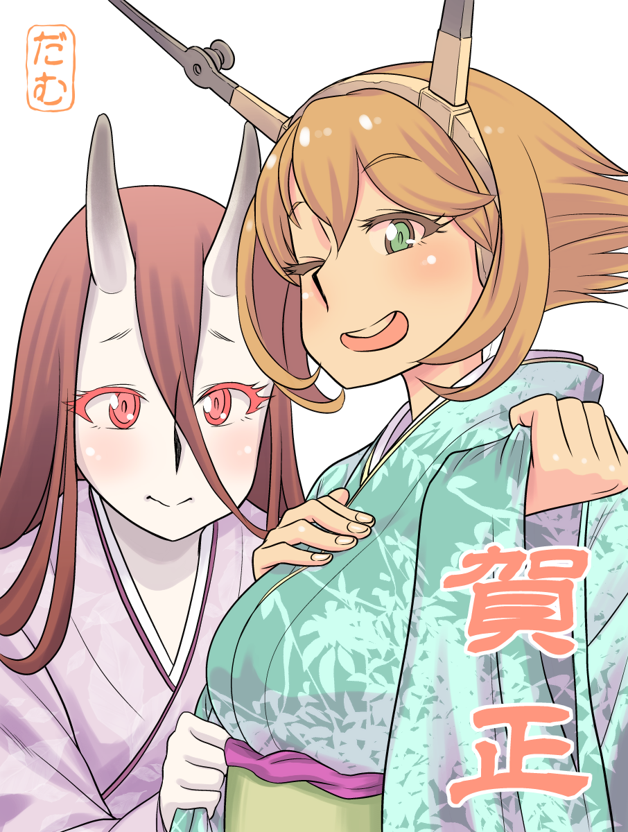 2girls battleship_princess brown_hair damu_ningen green_eyes highres horns japanese_clothes kantai_collection kimono long_hair multiple_girls mutsu_(kancolle) nengajou new_year one_eye_closed red_eyes short_hair teeth upper_teeth_only