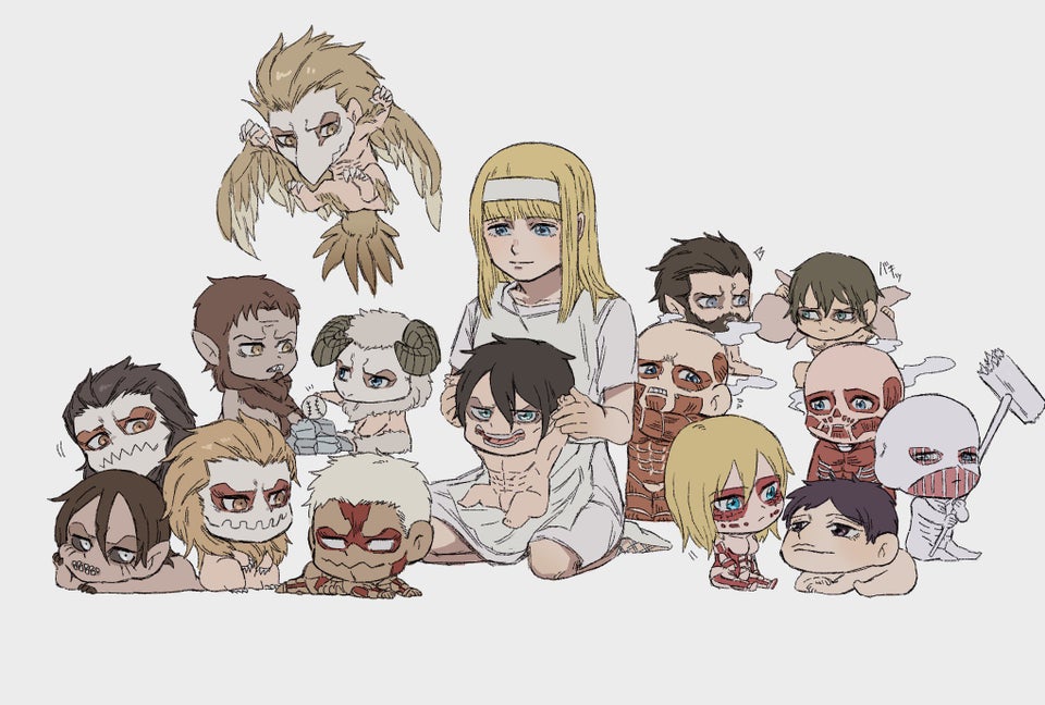 abs annie_leonhart armin_arlert armored_titan baseball beak beard beast_titan bertolt_hoover black_hair black_sclera blonde_hair blue_eyes brown_eyes brown_hair cart_titan chibi colored_sclera colossal_titan dress eren_kruger eren_yeager everyone facial_hair falco_grice feathered_wings feathers female_titan fur grisha_yeager headband horns jaw_titan lara_tybur marcel_galliard muscular pieck_finger porco_galliard reiner_braun rock rogue_titan shingeki_no_kyojin titan_(shingeki_no_kyojin) tom_ksaver war_hammer_titan warhammer weapon white_dress white_eyes white_footwear white_hair wings ymir_(shingeki_no_kyojin) ymir_fritz zeke_yeager