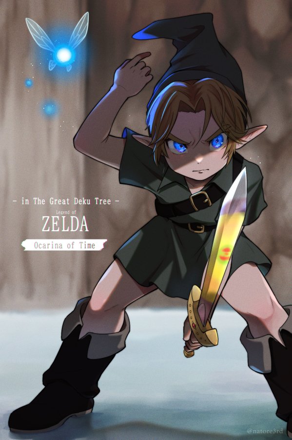 1boy aged_down blonde_hair blue_eyes boots child commentary fairy_wings fantasy hat holding link loz male_focus mobb_ojisan nintendo pointy_ears short_hair sword symbol-only_commentary the_legend_of_zelda the_legend_of_zelda:_ocarina_of_time tunic weapon wings young_link