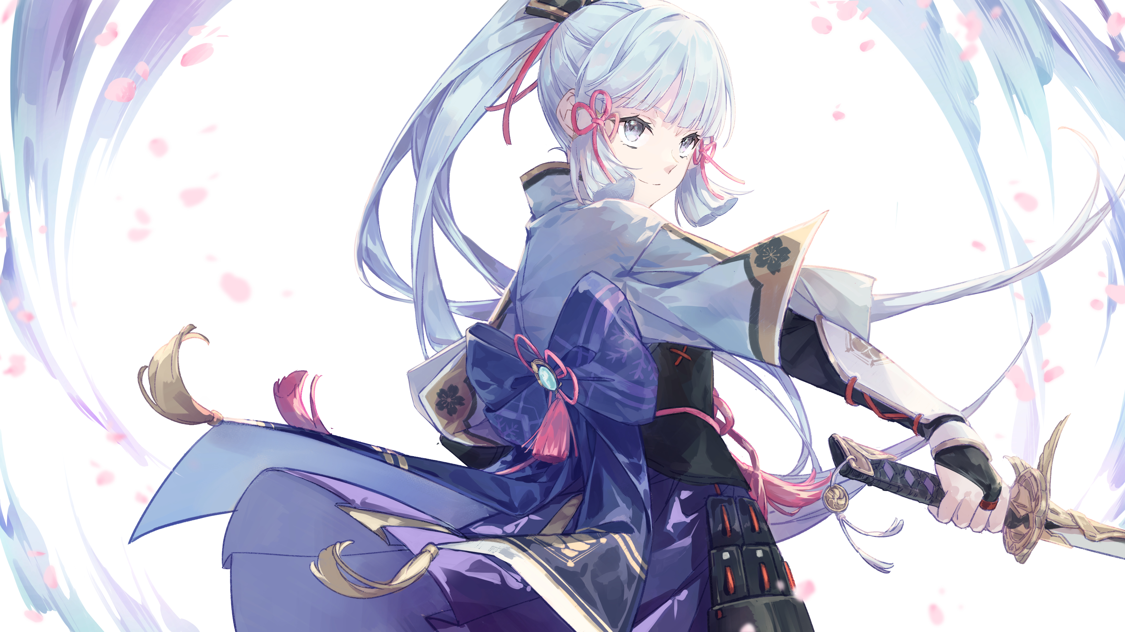 1girl absurdres armor ayaka_(genshin_impact) blunt_bangs bridal_gauntlets cherry_blossoms faulds floating_hair from_side genshin_impact grey_eyes hair_ribbon highres holding holding_sword holding_weapon katana long_hair pink_ribbon pleated_skirt ponytail purple_skirt ribbon skirt solo standing sword very_long_hair weapon white_hair yama_ta_yomogi