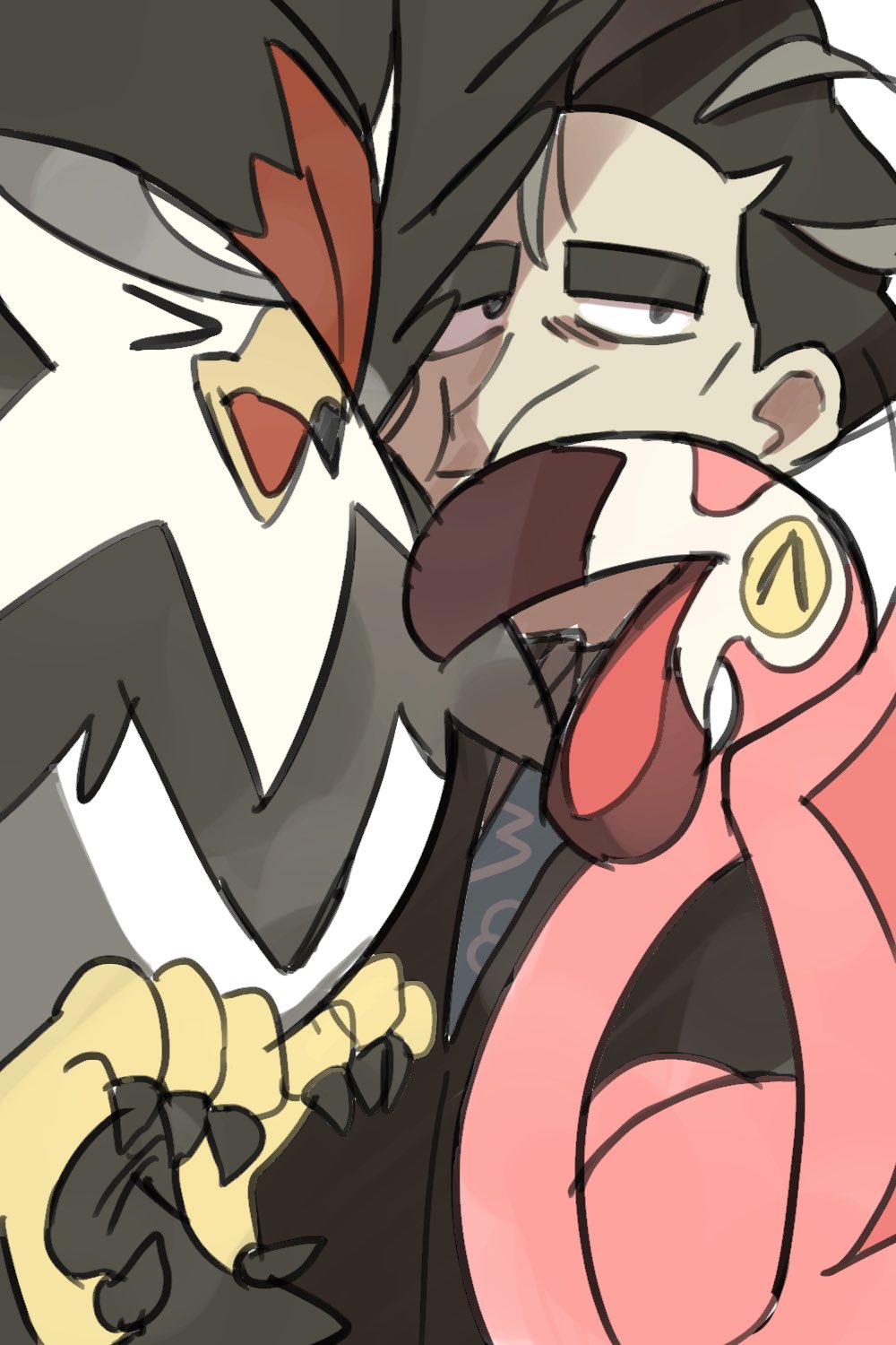 &gt;_&lt; 1boy :t ^_^ beak black_hair black_jacket closed_eyes closed_mouth flamigo gen_4_pokemon grey_hair highres jacket larry_(pokemon) looking_up male_focus multicolored_hair nintendo open_mouth pokemon pokemon_sv solo staraptor streaked_hair suit_jacket talons thick_eyebrows white_background yunme