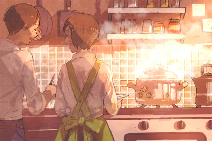 1boy 1girl bad_id bad_pixiv_id blouse brother_and_sister brown_hair closed_eyes collared_shirt cooking frying_pan glass indoors knife makiyakinabe open_mouth original oven pon_(cielo) pot shirt siblings skirt sleeves_rolled_up slice_of_life smile steam white_shirt