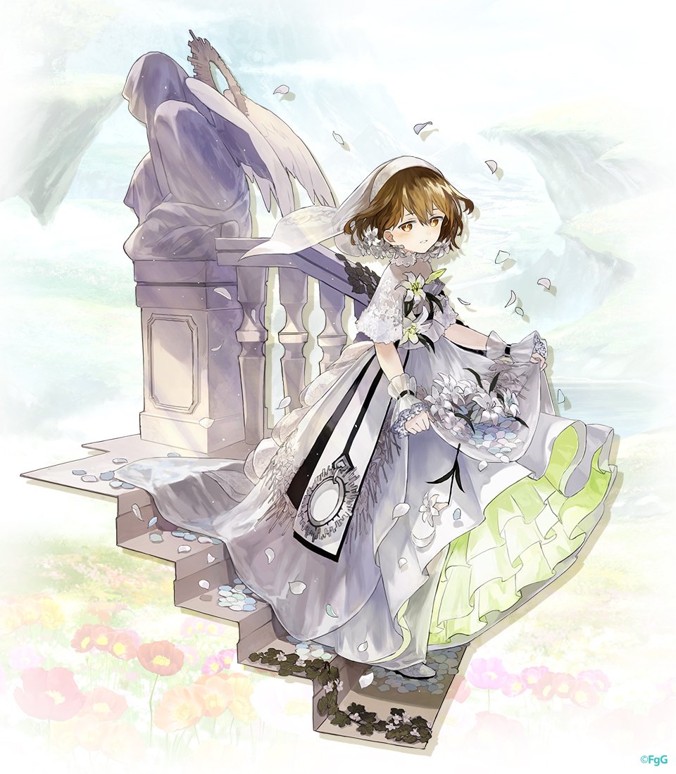 1girl blurry blurry_background brown_eyes brown_hair commentary_request dress full_body lifting_own_clothes longinus_(phantom_of_the_kill) looking_at_viewer medium_hair official_alternate_costume official_art phantom_of_the_kill second-party_source solo stairs standing watarubou wedding_dress white_dress white_footwear white_petals