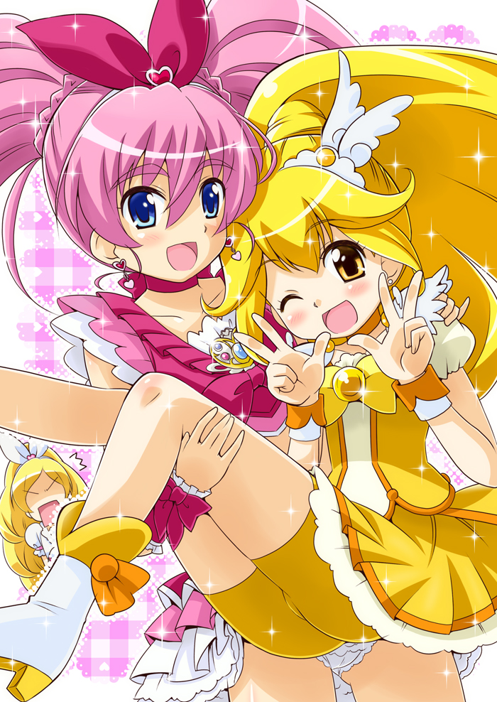 10s 3girls :d ;d bike_shorts blonde_hair blue_eyes boots bow brooch carrying choker cure_melody cure_peace cure_rhythm double_v dress eyelashes hair_flaps happy houjou_hibiki jewelry kise_yayoi long_hair magical_girl minamino_kanade multiple_girls no_eyes one_eye_closed open_mouth panties pantyshot pink_background pink_bow pink_hair plaid_background precure princess_carry shorts shorts_under_skirt skirt smile smile_precure! suite_precure underwear v wide_ponytail wink yellow_bow yellow_dress yellow_eyes yellow_shorts yellow_skirt yuuma_(artist) yuuma_(skirthike)