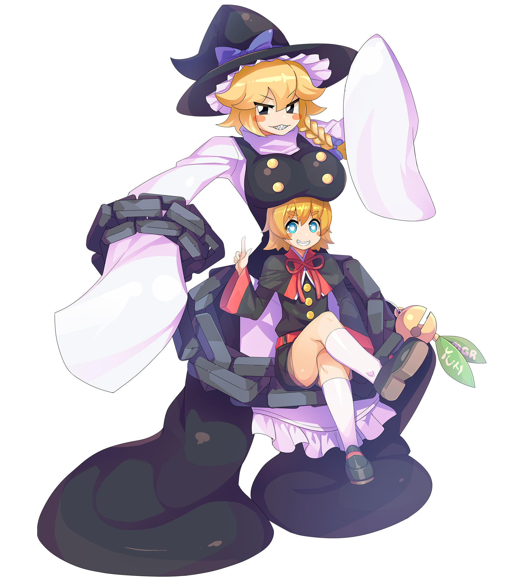 1boy 1girl belt black_eyes black_footwear black_hat black_shorts blonde_hair blue_bow blush_stickers bow braid breast_rest breasts breasts_on_head capelet chain character_name cookie_(touhou) crossed_legs full_body guilty_gear guilty_gear_xrd hair_between_eyes hat hat_bow highres kirisame_marisa kneehighs kum_haehyun kum_jonryoku large_breasts loafers long_sleeves looking_at_viewer meguru_(cookie) neck_ribbon parody pointing pointing_up red_ribbon ribbon sharp_teeth shoes shorts side_braid single_braid sitting sleeves_past_wrists socks tarmo teeth thick_eyebrows touhou transparent_background tsurime white_socks witch_hat yuuh!_(cookie)