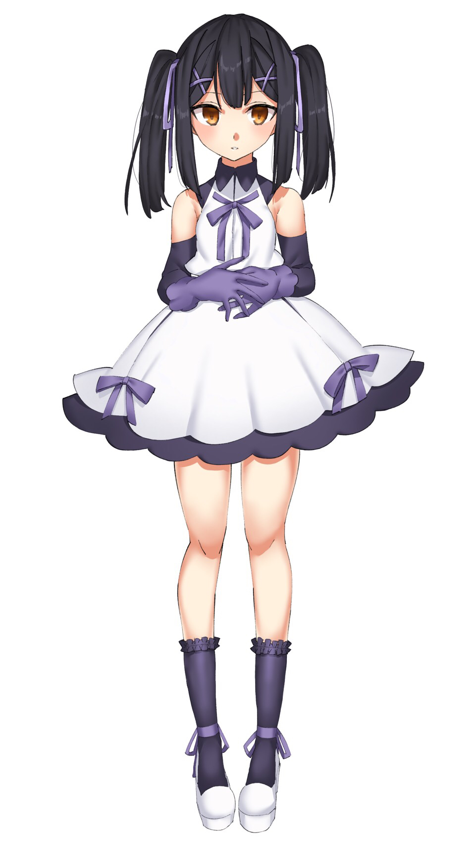 1girl adapted_costume alternate_hairstyle ameman bare_legs bare_shoulders black_hair black_socks brown_eyes commentary double-parted_bangs dress elbow_gloves expressionless fate/kaleid_liner_prisma_illya fate_(series) full_body gloves hair_ornament hair_ribbon hairclip hand_on_own_stomach highres looking_at_viewer medium_hair miyu_edelfelt miyu_edelfelt_(magical_girl) purple_gloves purple_ribbon ribbon shoes simple_background socks solo standing straight-on twintails white_background white_dress white_shoes x_hair_ornament