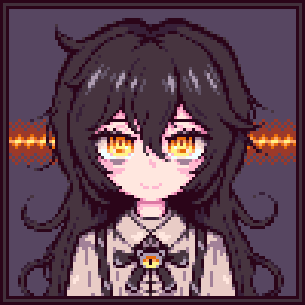 1girl black_bow black_bowtie black_hair bow bowtie eyelashes eyeliner flat_chest grimmi_(vtuber) hair_between_eyes indie_virtual_youtuber long_hair makeup messy_hair pale_skin petite pixel_art ringed_eyes shirt sidelocks smile straight-on suspenders upper_body very_long_hair virtual_youtuber vulpixis yellow_eyes