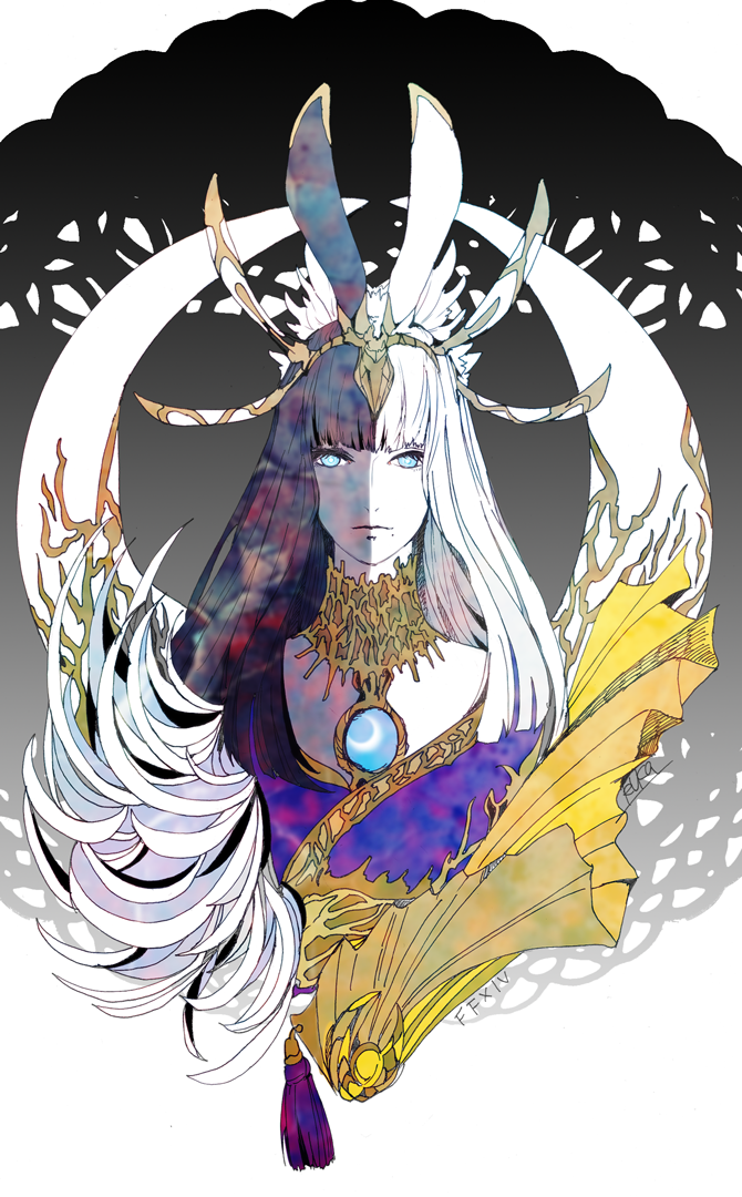 abstract_background animal_ears black_skin blue_eyes closed_mouth colored_skin crescent_moon cropped_shoulders epiphyllum final_fantasy final_fantasy_xiv folding_fan gold_tiara hand_fan japanese_clothes kimono lace_collar long_hair looking_at_viewer mismatched_animal_ear_colors moon multicolored_hair multicolored_skin portrait psychedelic purple_kimono rabbit_ears ruka_(blueplus84) signature simple_background split-color_hair straight-on tassel tiara tsukuyomi_(ff14) two-tone_skin white_skin yellow_collar