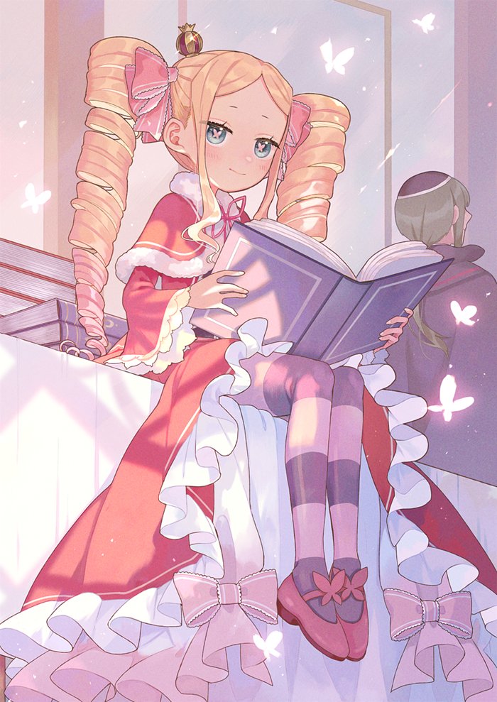 1girl beatrice_(re:zero) blonde_hair blue_eyes blush book bug butterfly butterfly-shaped_pupils capelet closed_mouth commentary_request crown dress drill_hair from_below fur-trimmed_capelet fur_trim hair_ribbon holding holding_book insect long_hair mini_crown neck_ribbon pantyhose parupin petelgeuse_romaneeconti pink_ribbon re:zero_kara_hajimeru_isekai_seikatsu red_capelet red_dress ribbon shoes sidelocks sitting smile striped_clothes striped_pantyhose symbol-shaped_pupils twin_drills twintails